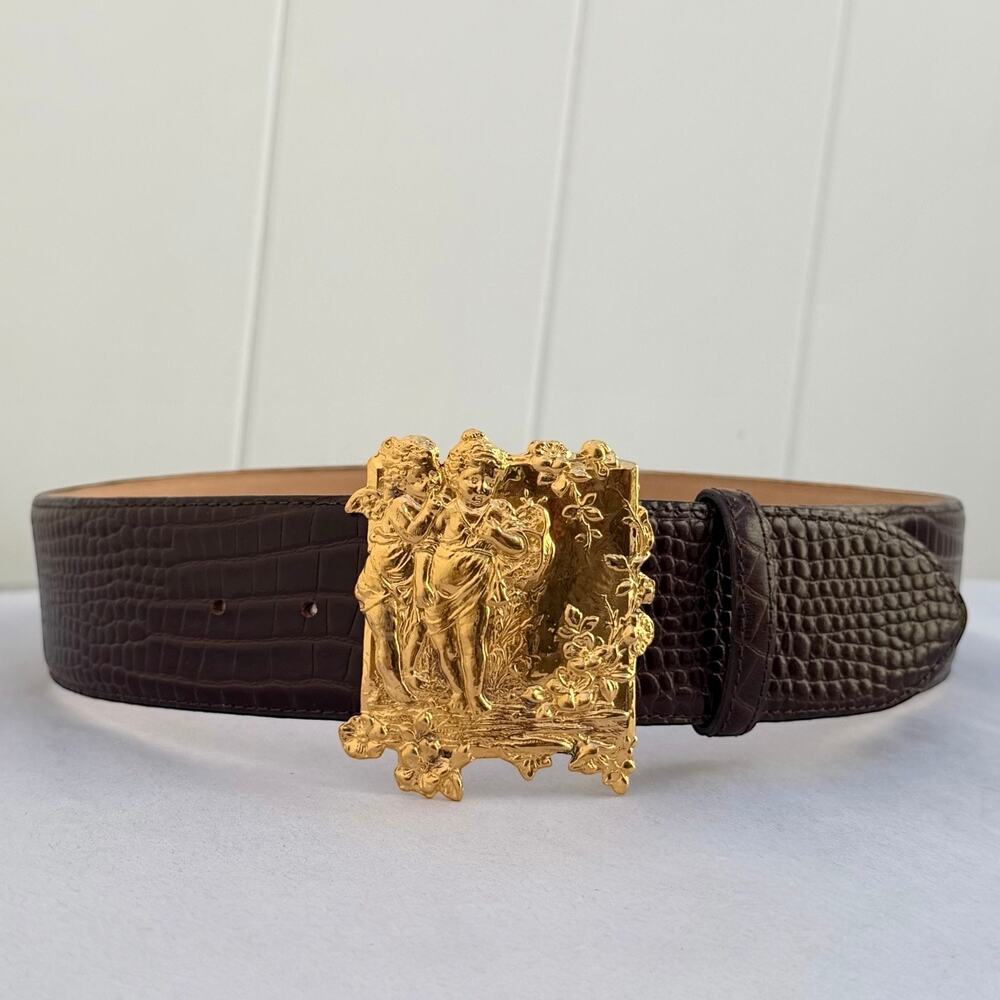 Lyn Gaylord Sterling Silver Vermeil Sweet Sisters Belt Buckle & Croc Belt M 925